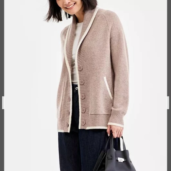 Charter Club Sweaters - Charter Club 100% Cashmere Tipped Shawl-Collar Boyfriend Cardigan in Brown Sugar